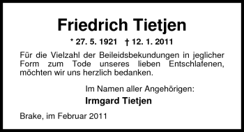 Traueranzeige von Friedrich Tietjen von Nordwest-Zeitung