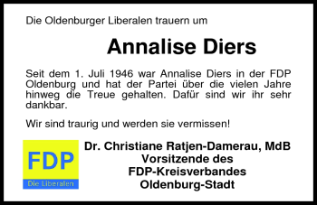 Traueranzeige von Annalise Diers von Nordwest-Zeitung