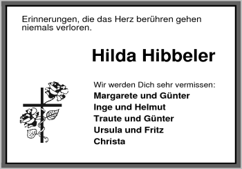 Traueranzeige von Hilda Hibbeler von Nordwest-Zeitung