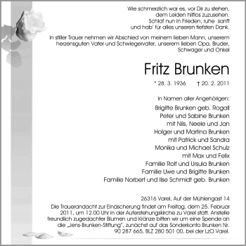 Traueranzeige von Fritz Brunken von Nordwest-Zeitung