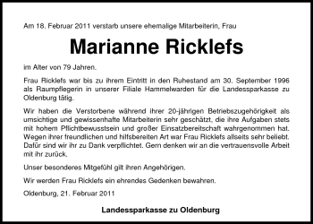 Traueranzeige von Marianne Ricklefs von Nordwest-Zeitung