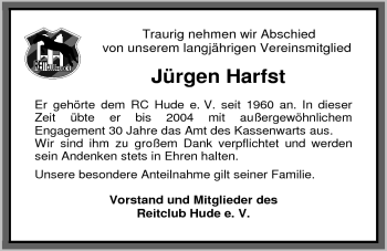 Traueranzeige von Jürgen Harfst von Nordwest-Zeitung