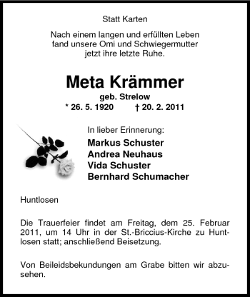 Traueranzeige von Meta Krämmer von Nordwest-Zeitung