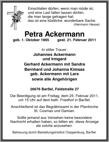 Traueranzeige von Petra Ackermann von Nordwest-Zeitung
