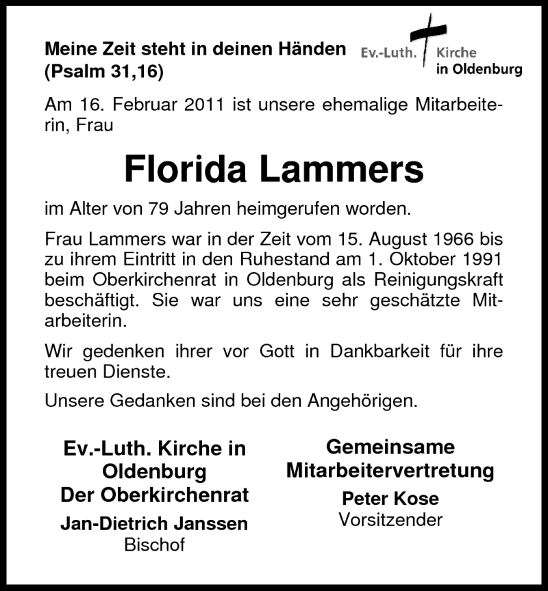  Traueranzeige für Florida Lammers vom 23.02.2011 aus Nordwest-Zeitung