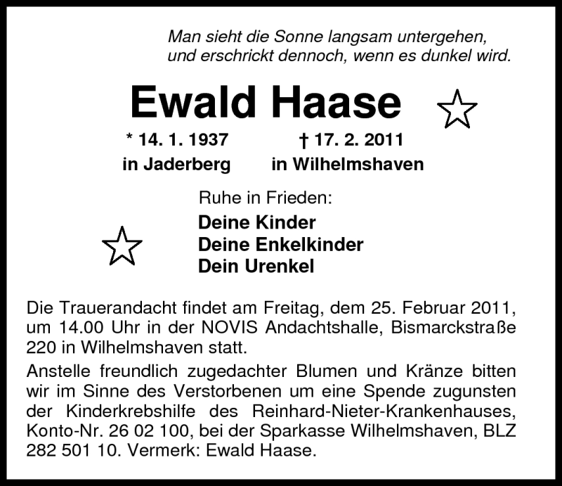  Traueranzeige für Ewald Haase vom 23.02.2011 aus Nordwest-Zeitung