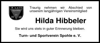 Traueranzeige von Hilda Hibbeler von Nordwest-Zeitung