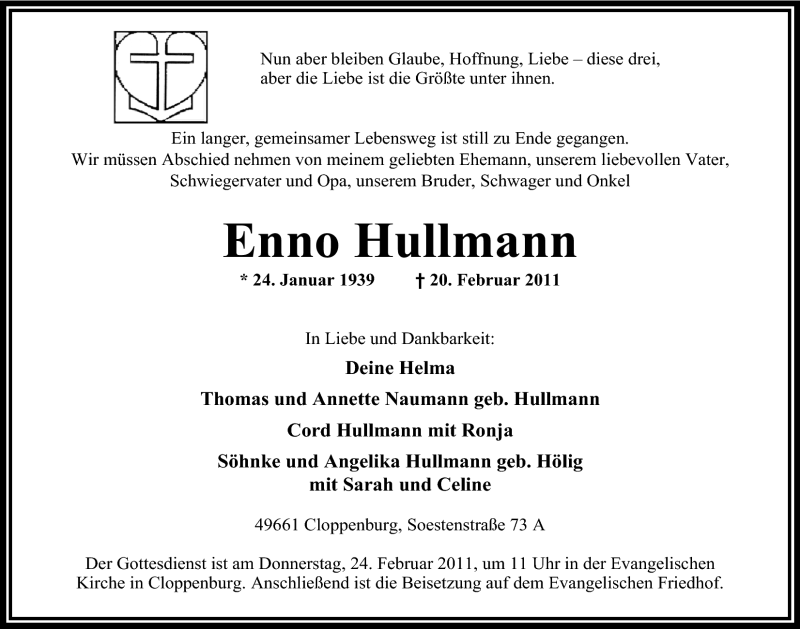  Traueranzeige für Enno Hullmann vom 24.02.2011 aus Nordwest-Zeitung