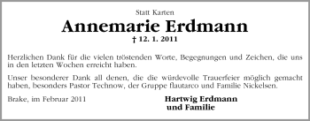 Traueranzeige von Annemarie Erdmann von Nordwest-Zeitung