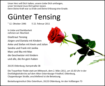 Traueranzeige von Günter Tensing von Nordwest-Zeitung
