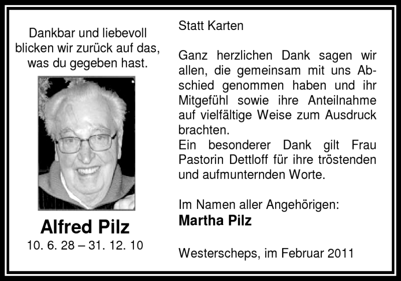  Traueranzeige für Alfred Pilz vom 26.02.2011 aus Nordwest-Zeitung