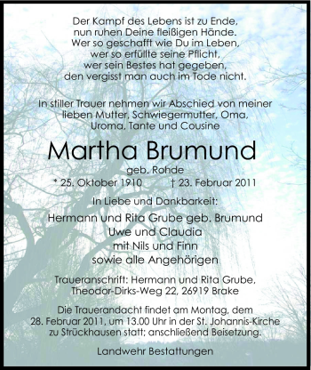 Traueranzeige von Martha Brumund von Nordwest-Zeitung