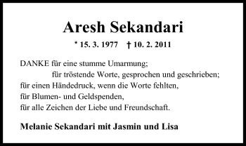 Traueranzeige von Aresh Sekandari von Nordwest-Zeitung