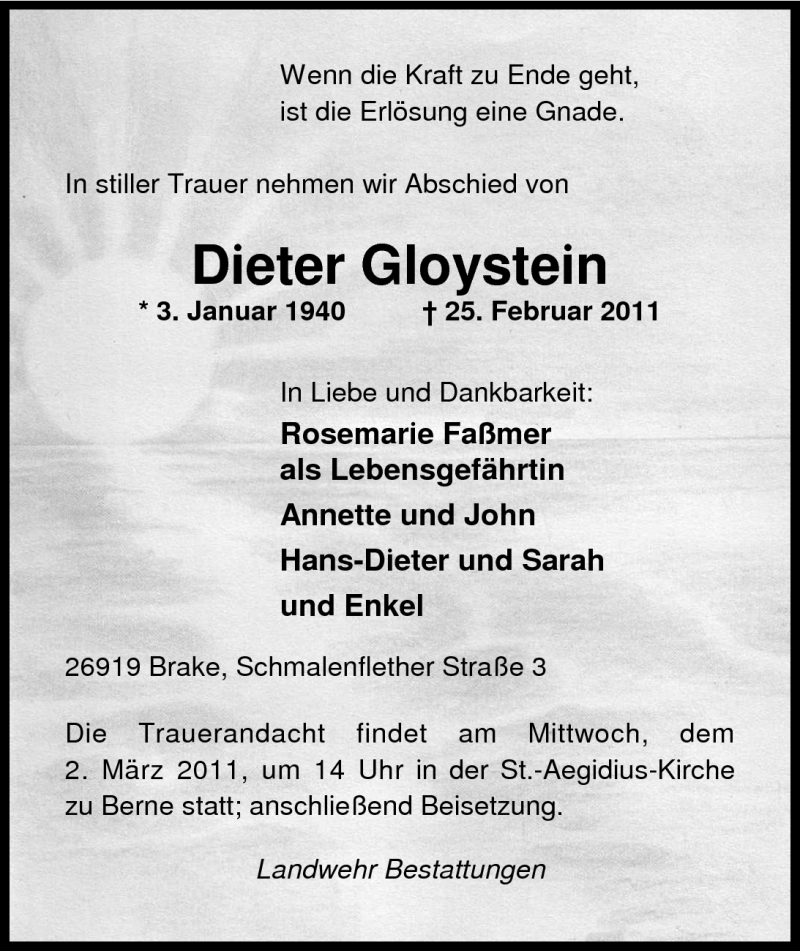  Traueranzeige für Dieter Gloystein vom 26.02.2011 aus Nordwest-Zeitung