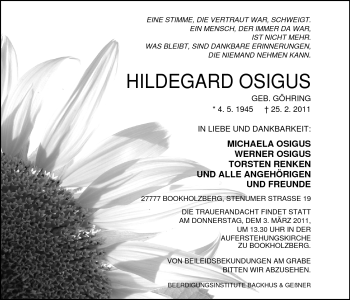 Traueranzeige von Hildegard Osigus von Nordwest-Zeitung