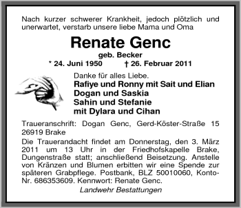 Traueranzeige von Renate Genc von Nordwest-Zeitung