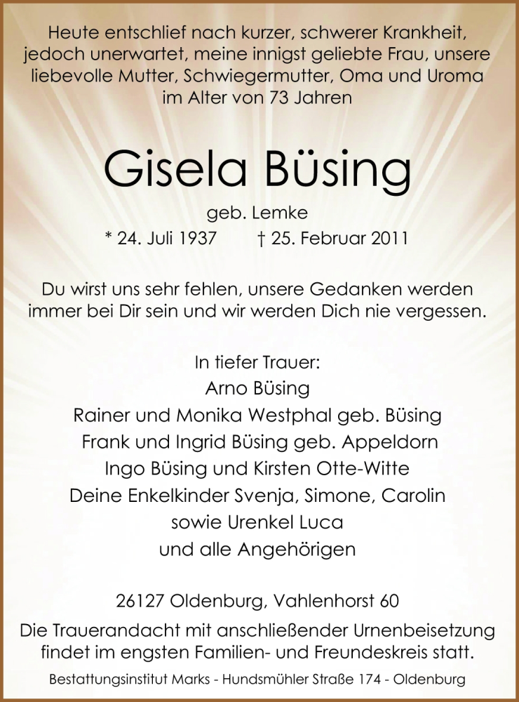  Traueranzeige für Gisela Büsing vom 01.03.2011 aus Nordwest-Zeitung