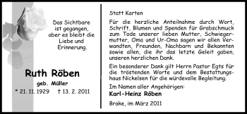 Traueranzeige von Ruth Röben von Nordwest-Zeitung