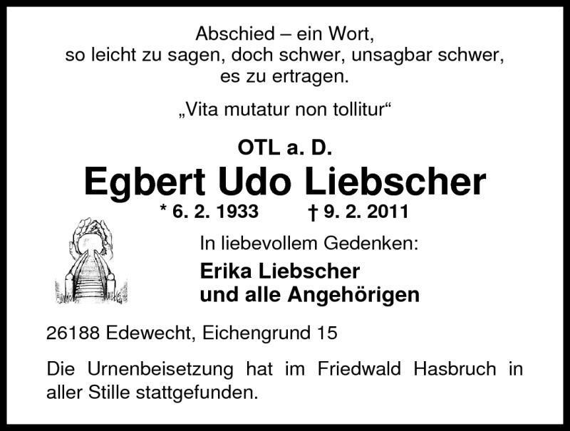  Traueranzeige für Egbert Udo Liebscher vom 05.03.2011 aus Nordwest-Zeitung