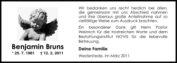 Traueranzeige von Benjamin Bruns von Nordwest-Zeitung