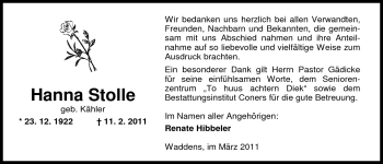 Traueranzeige von Hanna Stolle von Nordwest-Zeitung