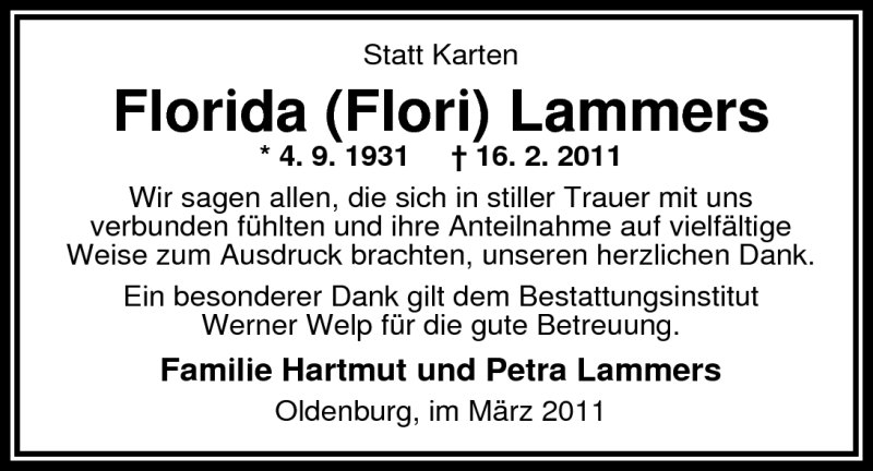  Traueranzeige für Florida Lammers vom 05.03.2011 aus Nordwest-Zeitung