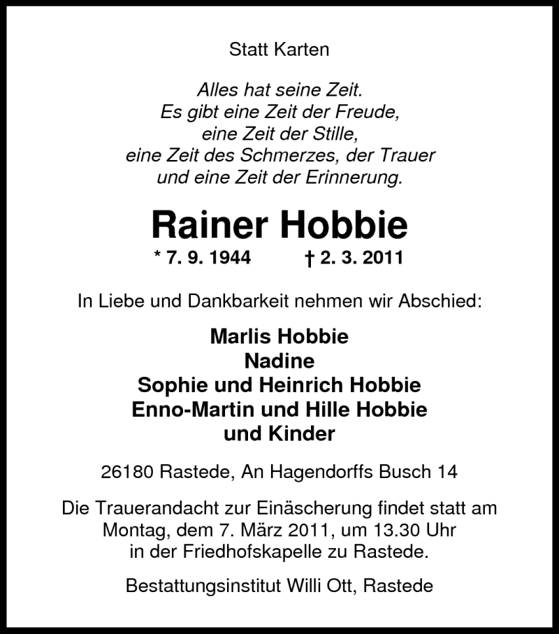  Traueranzeige für Rainer Hobbie vom 04.03.2011 aus Nordwest-Zeitung