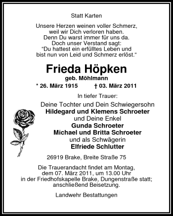 Traueranzeige von Frieda Höpken von Nordwest-Zeitung