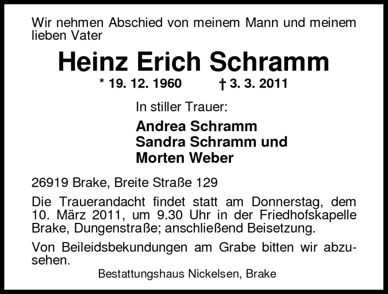 Traueranzeige für Heinz Erich Schramm vom 07.03.2011 aus Nordwest-Zeitung