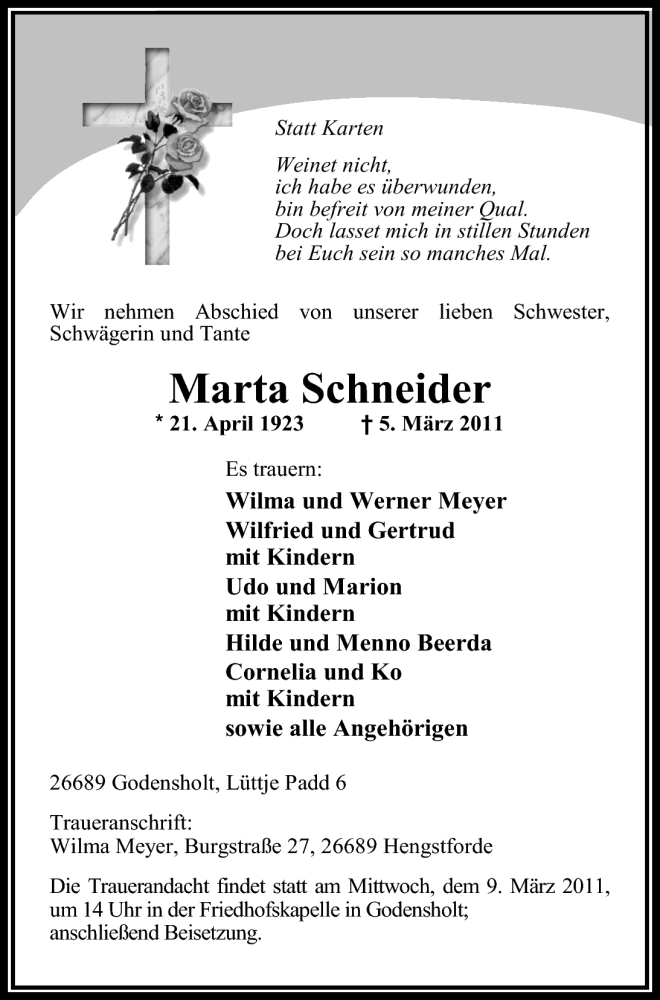  Traueranzeige für Marta Schneider vom 07.03.2011 aus Nordwest-Zeitung
