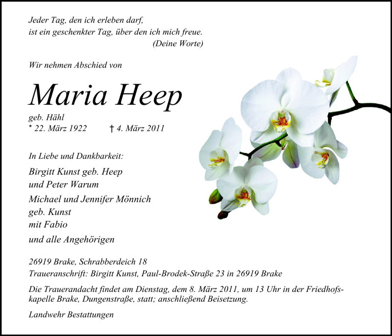  Traueranzeige für Maria Heep vom 07.03.2011 aus Nordwest-Zeitung
