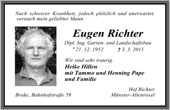 Traueranzeige von Eugen Richter von Nordwest-Zeitung