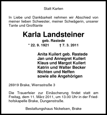 Traueranzeige von Karla Landsteiner von Nordwest-Zeitung