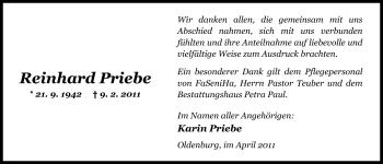 Traueranzeige von Reinhard Priebe von Nordwest-Zeitung