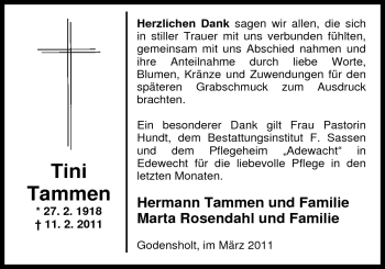 Traueranzeige von Katharina (Tini) Tammen von Nordwest-Zeitung