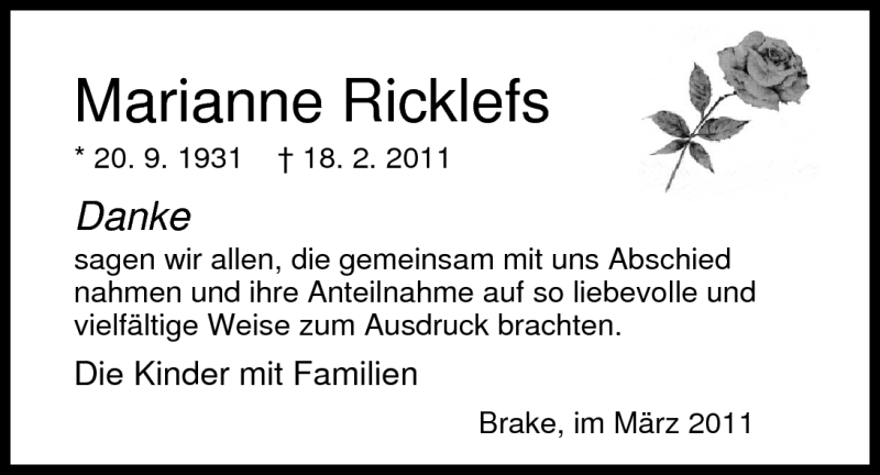  Traueranzeige für Marianne Ricklefs vom 12.03.2011 aus Nordwest-Zeitung