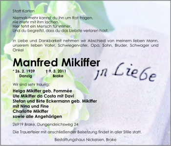 Traueranzeige von Manfred Mikiffer von Nordwest-Zeitung
