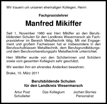 Traueranzeige von Manfred Mikiffer von Nordwest-Zeitung