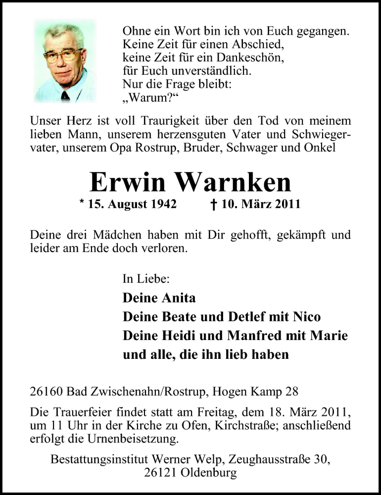  Traueranzeige für Erwin Warnken vom 12.03.2011 aus Nordwest-Zeitung