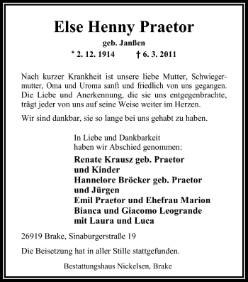 Traueranzeige von Else Praetor von Nordwest-Zeitung