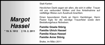 Traueranzeige von Margot Hassel von Nordwest-Zeitung