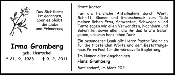 Traueranzeige von Irma Gramberg von Nordwest-Zeitung