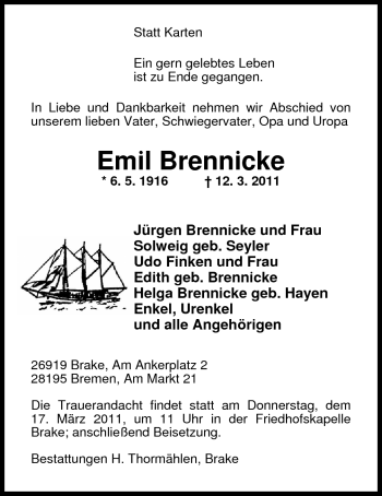 Traueranzeige von Emil Brennicke von Nordwest-Zeitung