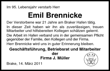 Traueranzeige von Emil Brennicke von Nordwest-Zeitung