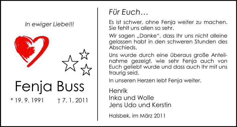  Traueranzeige für Fenja Buss vom 16.03.2011 aus Nordwest-Zeitung