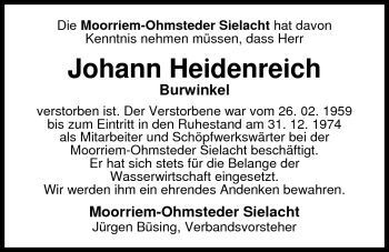 Traueranzeige von Johann Heidenreich von Nordwest-Zeitung