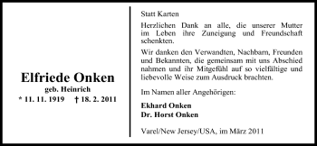 Traueranzeige von Elfriede Onken von Nordwest-Zeitung