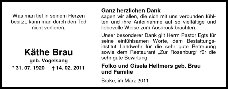  Traueranzeige für Käthe Brau vom 18.03.2011 aus Nordwest-Zeitung