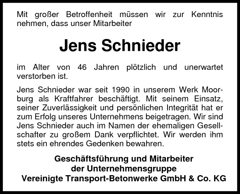  Traueranzeige für Jens Schnieder vom 18.03.2011 aus Nordwest-Zeitung
