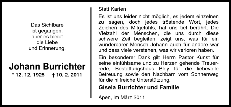  Traueranzeige für Johann Burrichter vom 19.03.2011 aus Nordwest-Zeitung